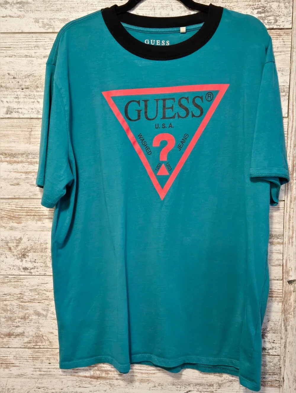 GUESS Teal Logo Ringer Tee with Black Collar - Picture 2 of 5